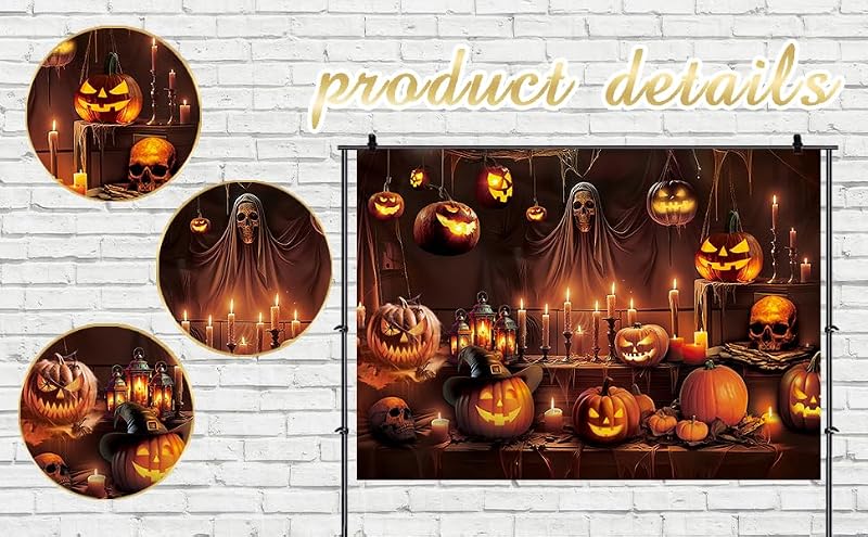 Halloween Horror Skeleton Pumpkin Lantern Backdrop - 7x5FT Spooky Party Banner