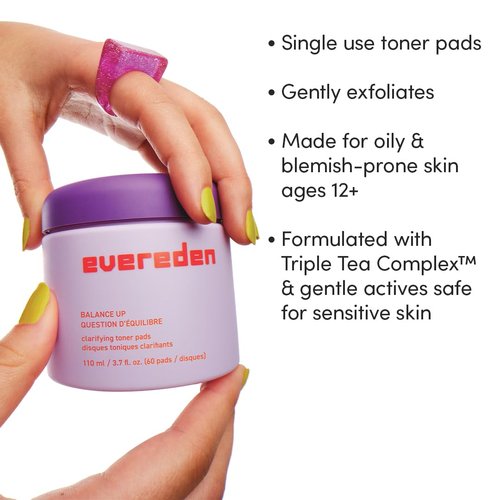 Evereden Balance Up Toner Pads for Face - Clean and Vegan Teen Water-Based Face Toner Pads with Green Tea, Chamomile, and White Tea for Oily and Pimple-Prone Skin - Balanced Skin & Clog-Free Pores
