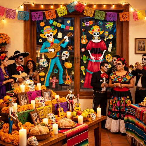 Day of the Dead Window Clings - Extra Large Mexican Decor Set, 2 Sheets