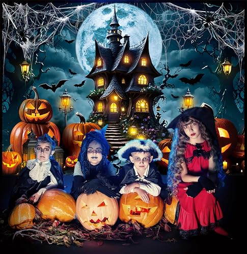 Halloween Horror Castle Backdrop 7x5FT Full Moon Night Pumpkin Lantern Bats Web Scene