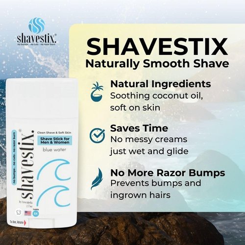 Travel Shaving Cream Stick 2.75 Oz | Blue Water Scented Coconut Based Razors, Shavers Friendly Hair Removal Cream Bar | Shavestix Shave Stick Sub Foam, Gel, Soap, Shaving Cream Women, Men