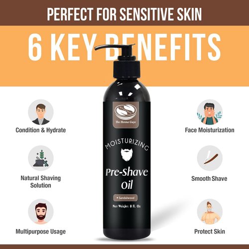 The Henna Guys 8 fl. Oz Pre-Shave & Beard Conditioning Oil for Men, Sandalwood Scent, with Jojoba, Argan, & Marula Oils, Free from Ammonia, Sulfate, Phthalate