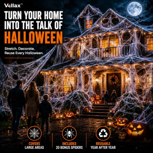Vellax Halloween Spider Web Decorations with 20 Spiders - 200g Stretchable Cobweb for Indoor & Outdoor Use