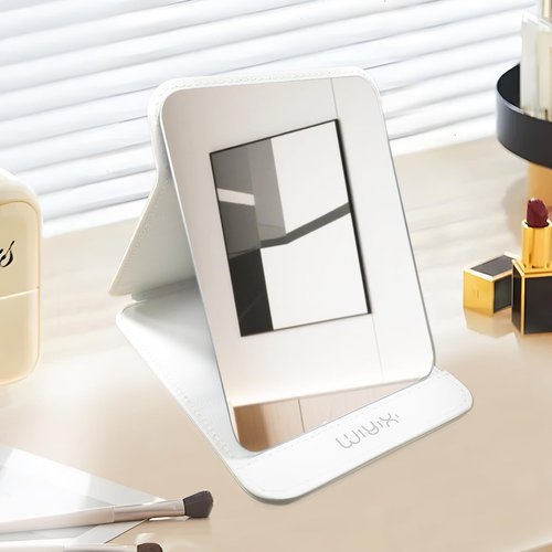 SYHITOU Foldable Travel Makeup Mirror, Adjustable Angle Portable Standing Vanity Mirror, Compact PU Leather Design for Home/Camping/Desktop Use,Elegant White(8.4"x6")