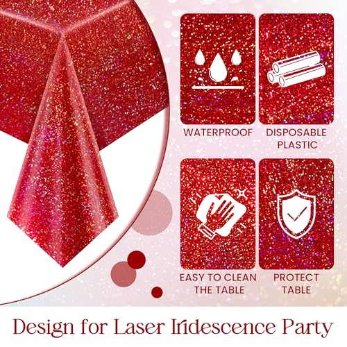 Red Holographic Tablecloths 40 x 108 Inches - 4 Pack Iridescent Plastic Holiday Decor