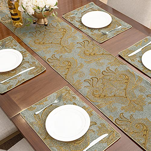 Luxury Chenille Damask Placemats Set of 6 - Blue Gold, Elegant Dining Table Mats with Non-Slip Backing - Loom and Mill