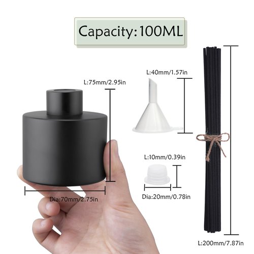 4PCS 100ML Glass Diffuser Bottles Black, Refillable Empty Perfume Fragrance Reed Bottles with 20pcs Reeds Sticks & Caps & Funnel, Diffuser Jars for DIY Fragrance Oil Wedding Party Decoration Gift