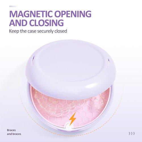 Gaboolo Retainer Case with Mirror and Lanyard,Slim Aligner Case with Vent Holes,Cute Dental Brace Box with Retainer Removal Tool and Brush (Purple Pink with Lanyard)