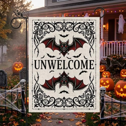 Halloween Bat Garden Flag - Unwelcome Bat Welcome Yard Decor 12x18 Inch