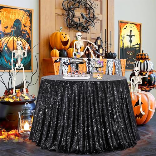Black Sequin Round Tablecloth 120 Inch - Glitter Party Cover for Weddings Holidays