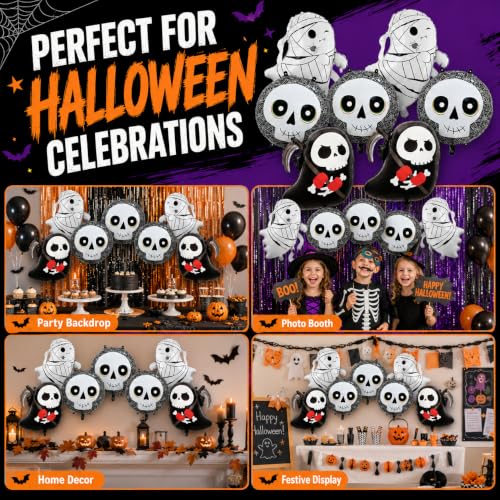 Halloween Foil Balloons Set - Mummy, Skull, Grim Reaper Decorations for Party