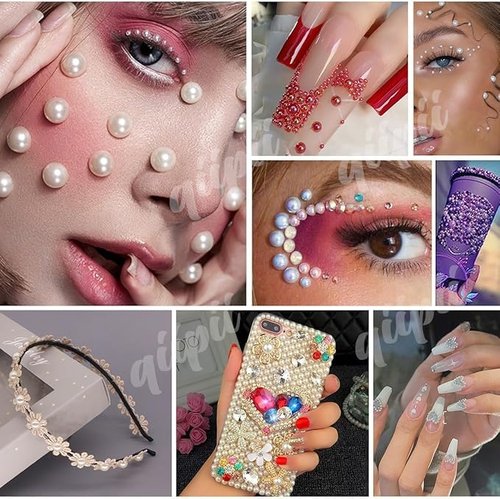qiipii 2Bags 90g DIY Bundles Pack, 1 Half Round Pearls+1 Resin Rhinestones for Bedazzling Crafting 3-10mm Mix Light Pink Purpe Blue Colorful Gems Diamonds for Face Eyes Makeup Tumblers Bottles Shoes
