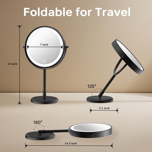 mumianshu Folding Travel Makeup Mirror with Lights and Magnification,7” Double Sided 1X/10X Lighted Magnifying Mirror with Rechargeable Battery,Brightness Adjustable,3 Color Lighting, Black