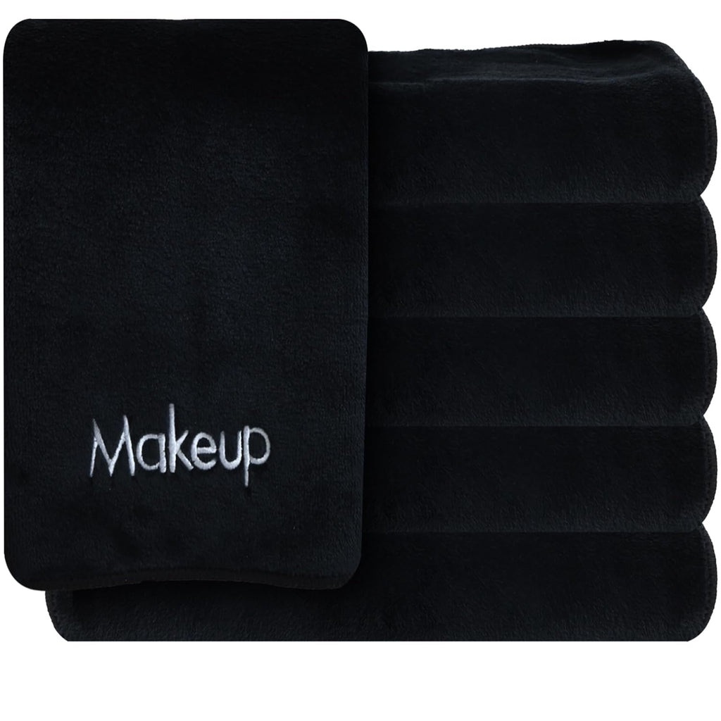 Vnoss Makeup Towels - Pack of 6 - Ultra Soft & Gentle Microfiber Coral Fleece Washcloth Face Make Up Remover, 13 x 13 in, Black