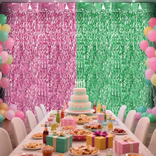 Pink Green Wavy Foil Curtain Backdrop - Birthday Party Decorations - 2 Pack