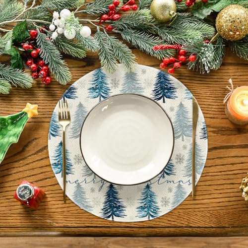 14-Inch Blue Xmas Round Placemats Set of 4 - Winter Dining Table Decor