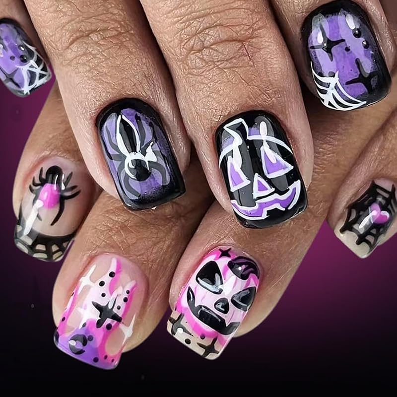 Halloween Press On Nails Short Square Purple Fake Nails with Pumpkin & Spider Design, 24 Pack