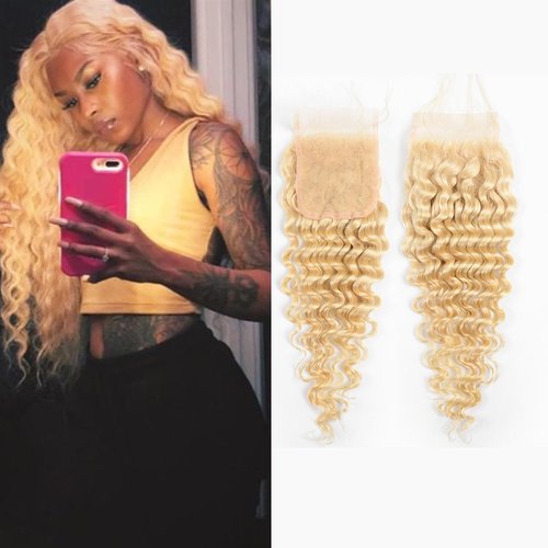 4x4 613 Lace Closure Deep Wave Human Hair Blonde Deep Wave Closure Pre Plucked Transparent Lace Free Part with Baby Hair For Women Natural Hairline 14 Inch
