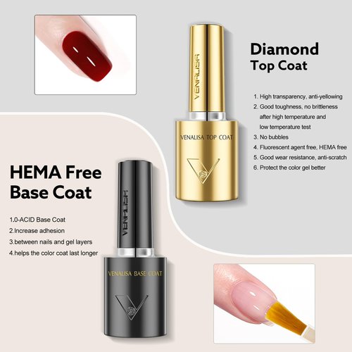 VENALISA No Wipe Gel Top Coat and Base Coat Set 2 Pcs 10ML for Gel Nail Polish, Shiny Finish and Long Lasting Soak Off Salon Manicure DIY at Home For Girls Women