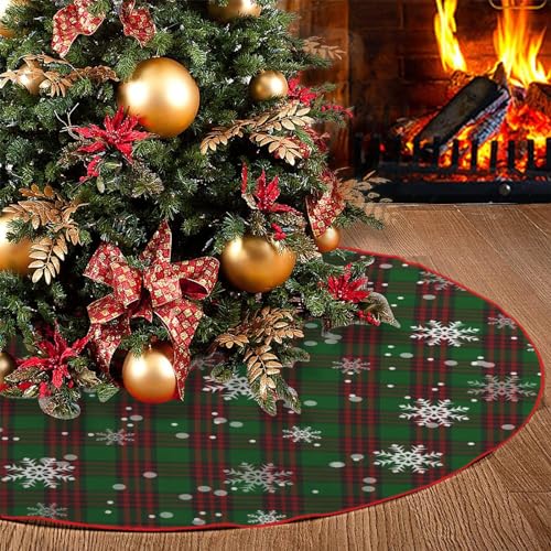 Christmas Tree Skirt 48 Inch Red Green Buffalo Plaid Snowflake Xmas Decor Xmas 04