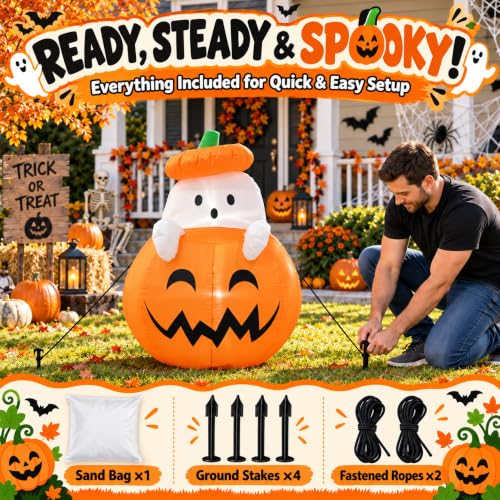 Inflatable Ghost Pumpkin Halloween Yard Decoration - 4ft Outdoor Blow Up Decor - Pumpkin Ghost Variation