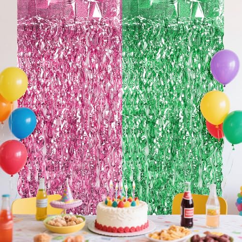 Pink Green Wavy Foil Curtain Backdrop - Birthday Party Decorations - 2 Pack
