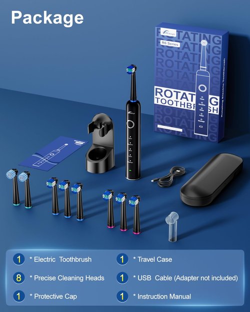 Rtauys Rotating Electric Toothbrush for Adults with 8 Brush Heads (2 Types), 5 Modes Rechargeable Power Toothbrush with Travel Case and 2 Minute Smrte Timer