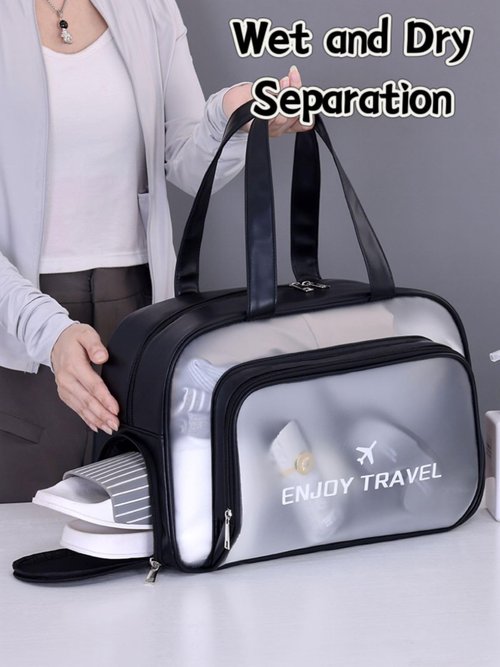 LENHAAYU Waterproof Travel Toiletry Bag with Shoe Compartment – Large Capacity Clear PVC Tote Bag, Makeup Cosmetic Organizer Bag for Travel Toiletries Accessories Black
