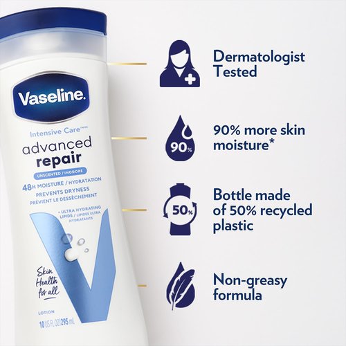 Vaseline Intensive Care Lotion, Unscented, Advanced Repair – Non-Greasy Moisturizer for Extremely Dry Skin + Advanced Lip Therapy Tube
