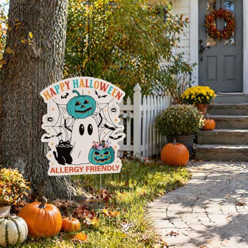 Halloween Teal Pumpkin & Ghost Yard Stakes - Blue White Outdoor Decorations, Allergy-Friendly