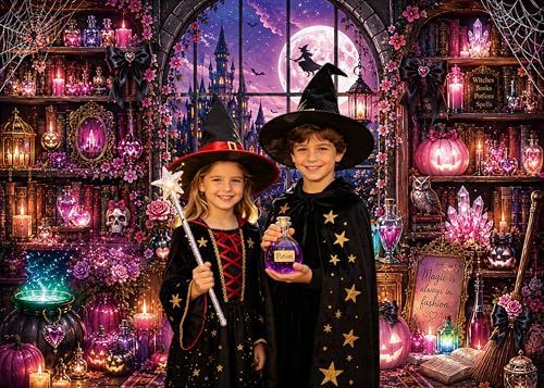 Pink Halloween Witch Library Backdrop 7x5FT for Party & Photo Booth Decorations