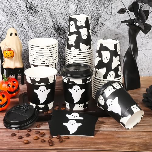 Halloween Ghost Disposable Coffee Cups with Lids & Sleeves - Black Ghosts