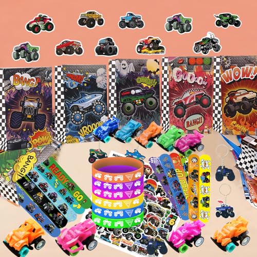 Monster Truck Party Favors Set for Birthday Decorations - 122 Pieces with Goodie Bags & Stickers