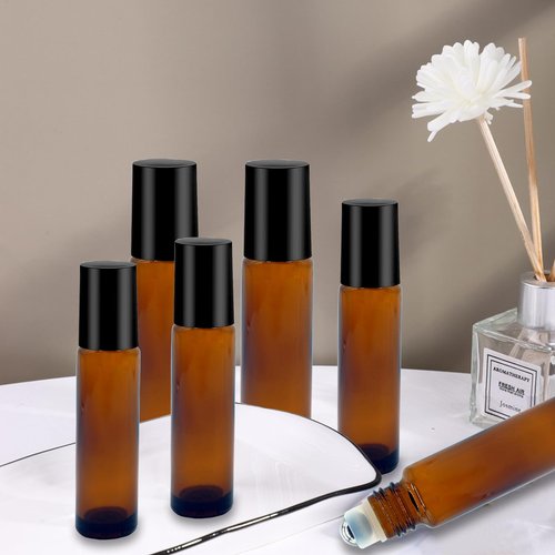 Hzmssore 100 Pcs Essential Oil Roller Bottles 10ml Empty Glass Roller Bottles with Stainless Steel Roller Balls Protection Leakproof with 5 Funnel for Travel, Roller Balls For Essential Oils(Brown)