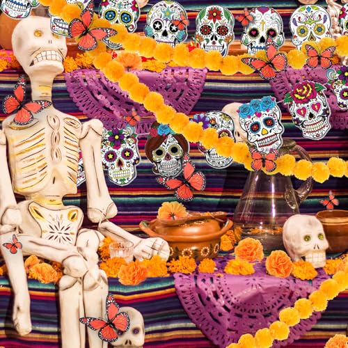 Day of the Dead Decorations Set with Marigold Garlands and Butterfly Accents - 66pcs Dia De Los Muertos Altar Decor