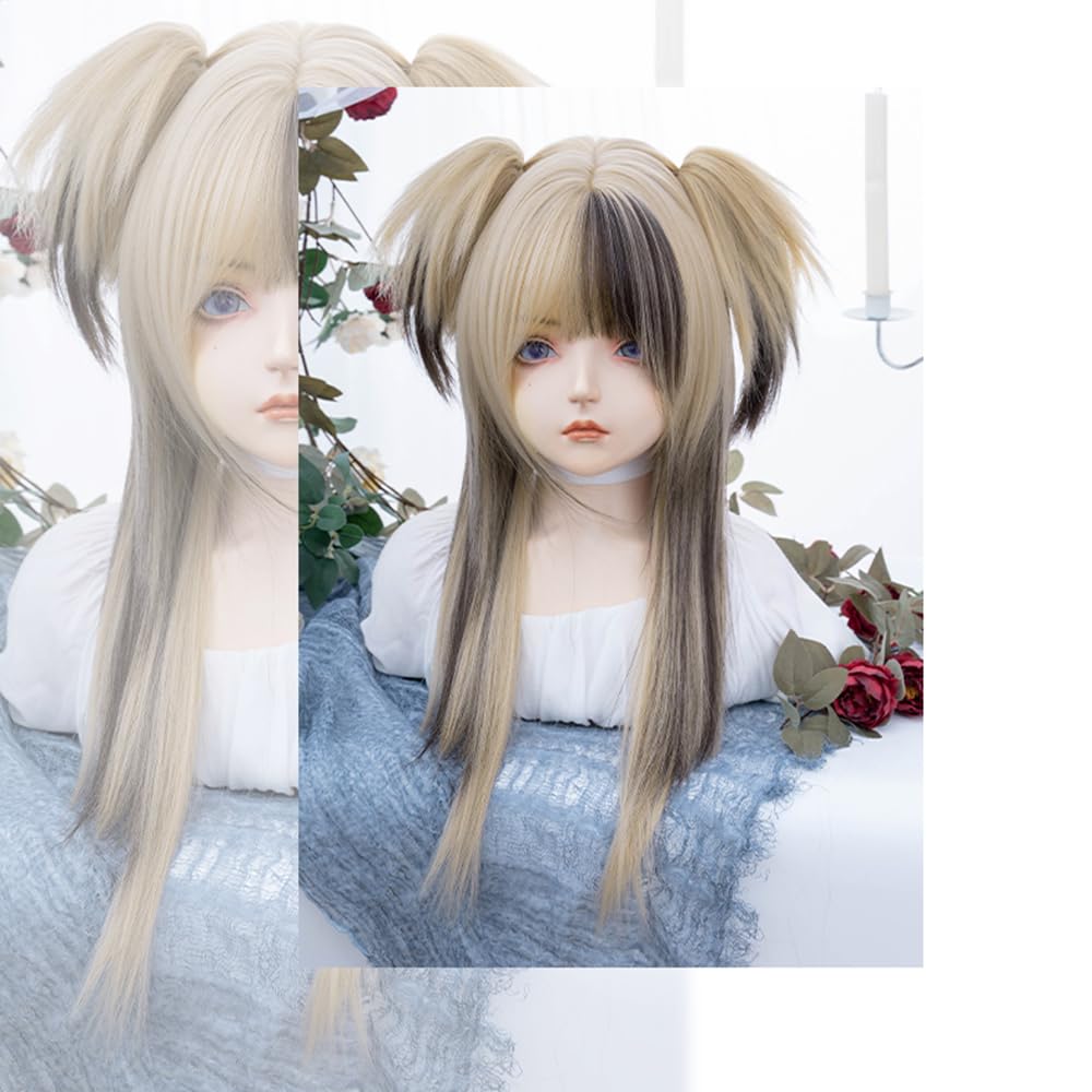 VVRPWASSLY Women Linen Highlights Coffee Wig Clip on Pigtails Long Straight Hair with Bangs Synthetic Wig for Daily Party