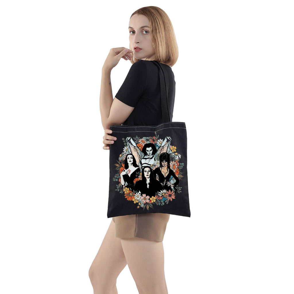 WZMPA Goth Queens With Flowers Cosmetic Bag Lily & Morticia & Vampira Fans Gifts Ghoul Gang Makeup Zipper Pouch Bag (Goth Queens -T BL)