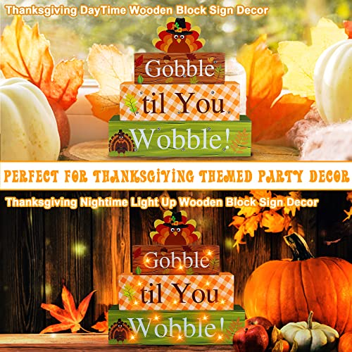 Thanksgiving Wooden Block Sign with LED Lights - Gobble Til You Wobble Turkey Decor - Fall Farmhouse Tabletop Sign - Variation: Thanksgiving 1