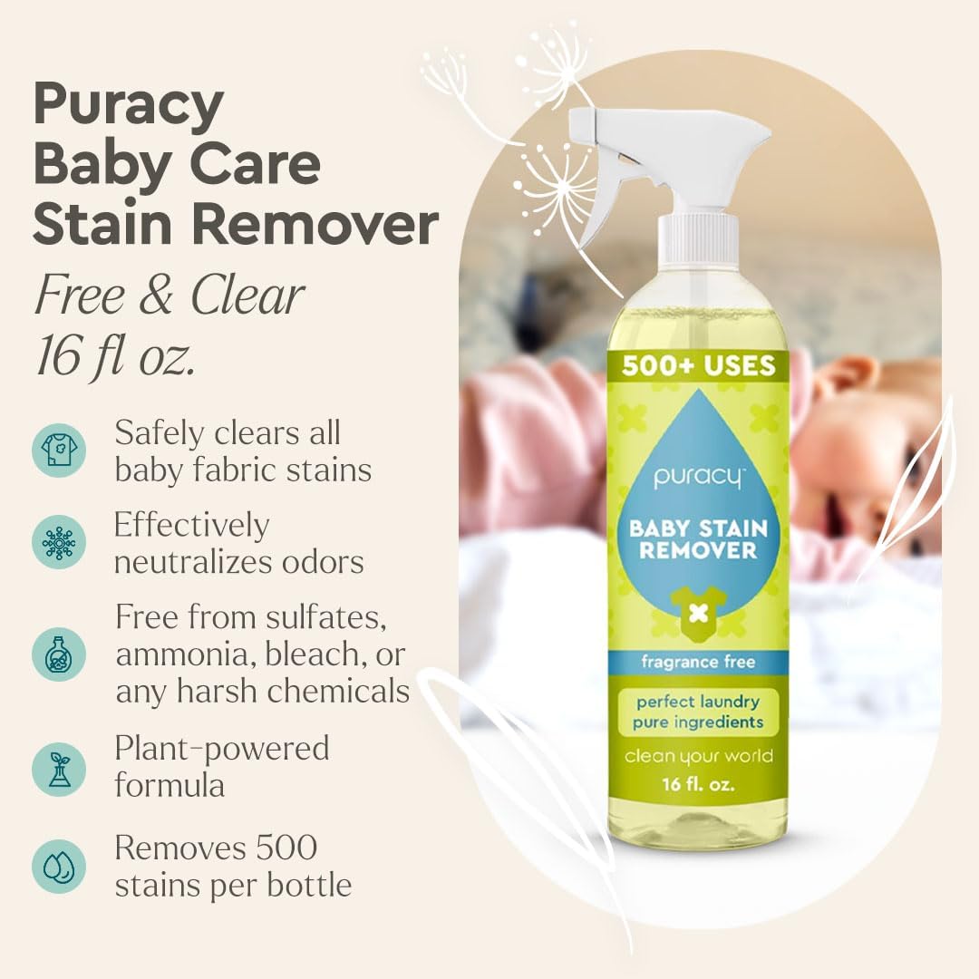 Puracy Stain Remover - Natural Enzyme-Based Laundry Spray for Baby Clothes & Diapers | 16 Oz