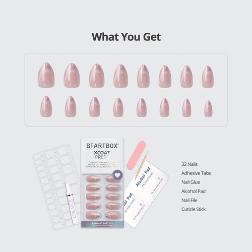 BTArtbox Press On Nails Almond - Diamond Dust, Lamp-Curable Cat Eye Chrome French Tip Short Press On Nails with Glue and Adhesive Tabs for Women in 16 Sizes - 32 Soft Gel Glue On Nails Kit