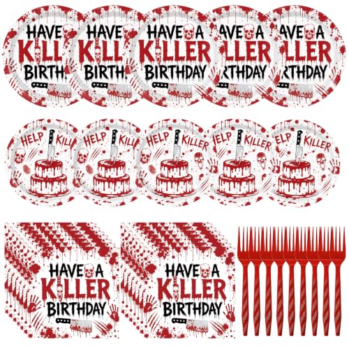 Halloween Killer Party Plates and Napkins Set - Spooky Blood-Stained Design - Variation of THIS listing