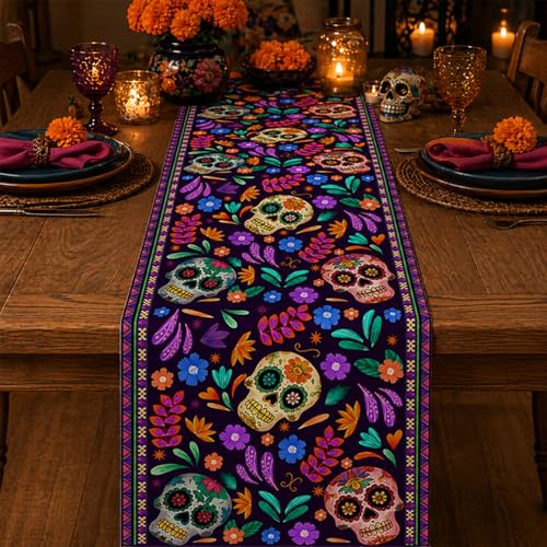 Dia De Los Muertos Table Runner 13x72 Inch Rustic Linen Mexican Sugar Skull Day of The Dead Decor