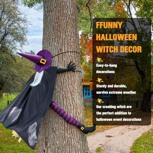 Giiffu Halloween Outdoor 57-Inch Crashing Witch Tree Decor with Purple + Black Variation