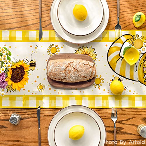 Yellow Buffalo Plaid Sunflower Gnome Table Runner 13x72 Inch for Kitchen & Dining