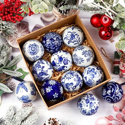 Blue Ceramic Christmas Ornament Balls - 12 Pcs Chinese Style Hanging Decor - Circular Variation