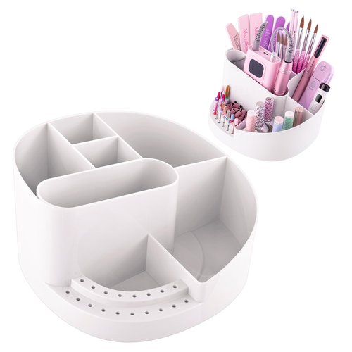 MelodySusie Nail Art Tools Storage Box with 18 Holes & 7 Compartments,Sturdy Large Capacity and Compatible with 3/32" Nail Drill Bits, Nail Drill Holder for Nail Station,Salon & Home, White