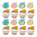 Blue Pink Pumpkin Cupcake Toppers 24Pcs Baby Shower Halloween Birthday Decor - Variation of F