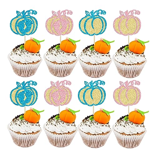 Blue Pink Pumpkin Cupcake Toppers 24Pcs Baby Shower Halloween Birthday Decor - Variation of F