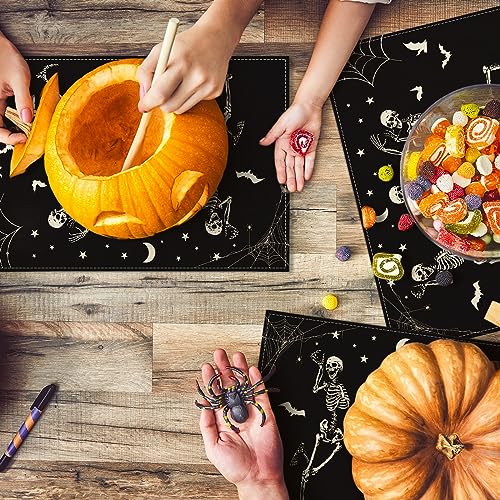 Halloween Dancing Skeletons Placemat Set - Black & White Table Mats, Heat Resistant & Non-Slip, 12x18 Inches