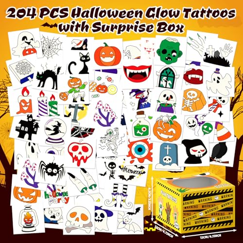 Glow Halloween Tattoos for Kids - 204 Pack with Mystery Prize Box